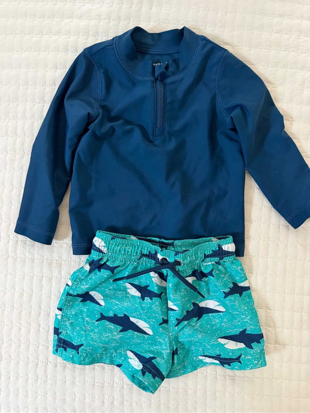 Carter’s Navy Long Sleeve Rash Guard and Shark Print Swim Shorts Set